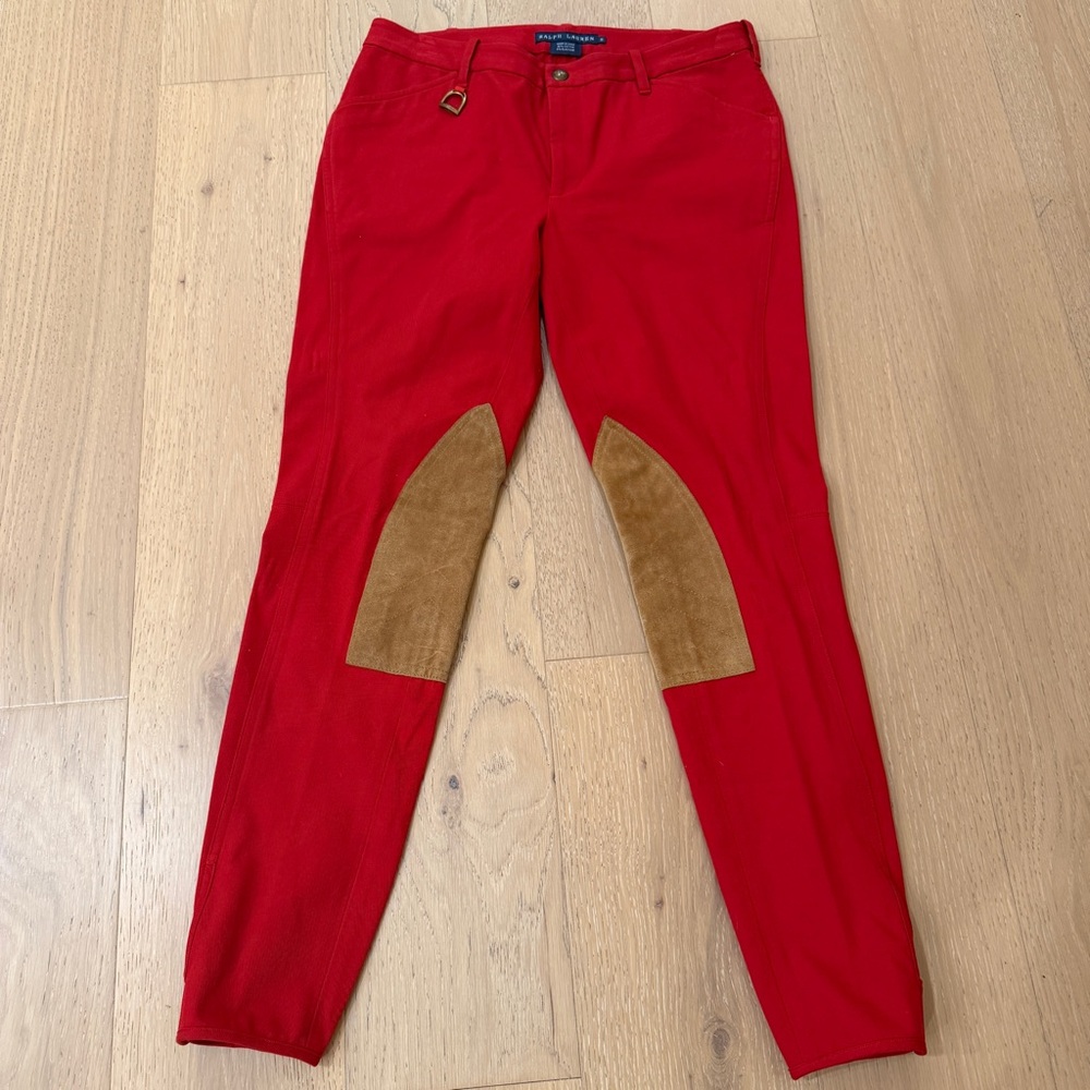 Ralph Lauren Red Ankle Riding Pants with Tan Suede Knee Patches